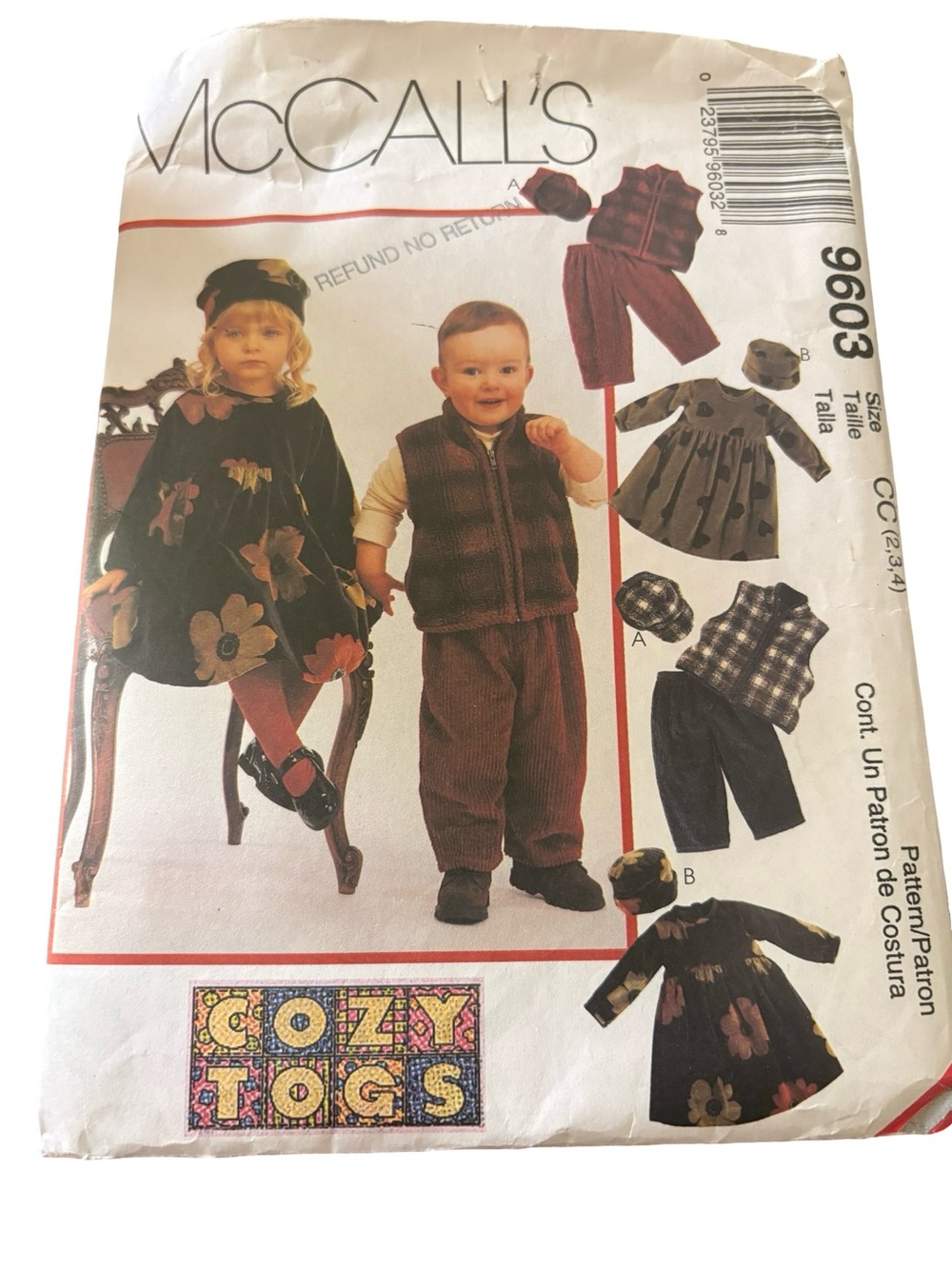 Vintage McCall’s 9603 Cozy Togs Sewing Pattern Toddler Dress vest hat 2-4 UNCUT